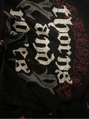 Black Graphic Men’s Hoodie Sweater with Distressed White and Red Print